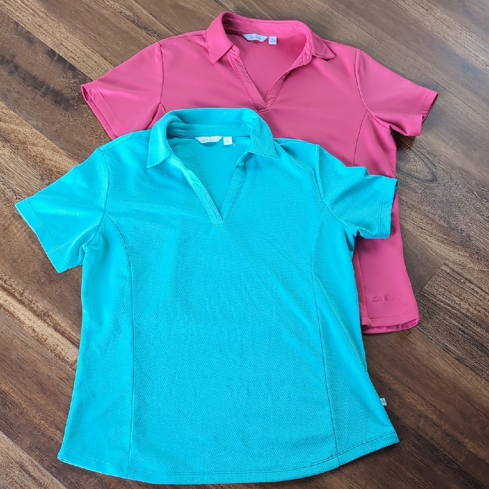 Lady Hagen Teal And Hot Pink Short Sleeve Polo Tops.